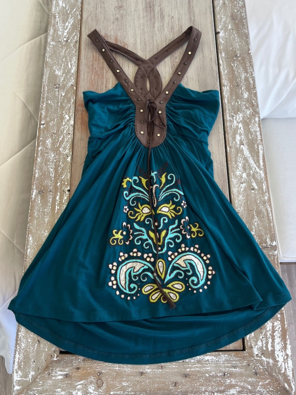 Soul Revival Y2K Boho Embroidered Top Strap Studded Teal Size S